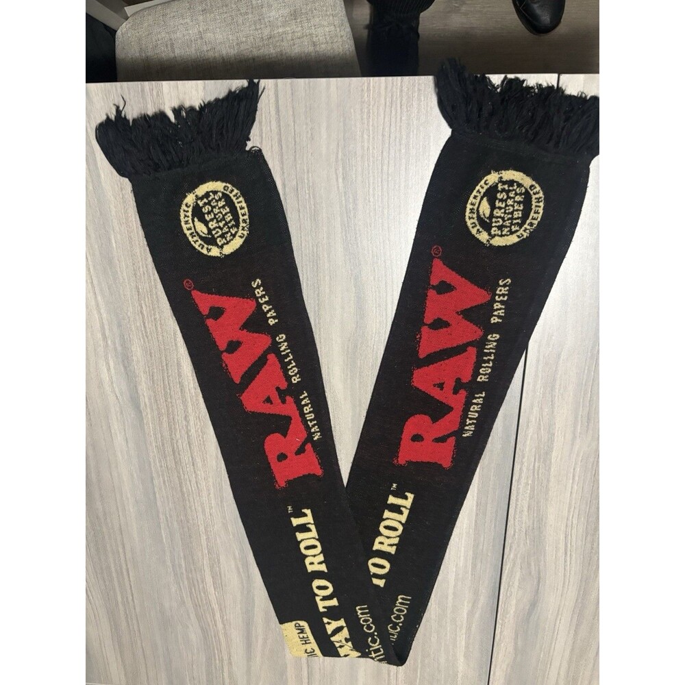 RAW Knit Hemp Scarf w/ Fringe, Logo Pattern - Black Red Beige Unisex